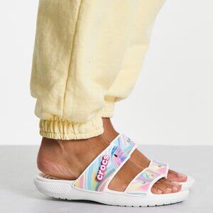 Crocs Women's White Classic Out Of This World Rainbow Slide Sandal Size 10